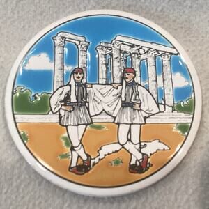 Vtg Greek Coaster Ceramic Drink Niarchos Greece White Blue Parthenon Poseidon